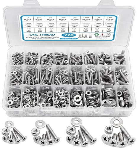 Set di viti per macchine SATANTECH #6-32#8-32#10-24#1/4-20, set di viti in acciaio inox, Phillips a testa piatta 16 misure SAE, dadi assortiti, bulloni rondelle con custodia etichettata