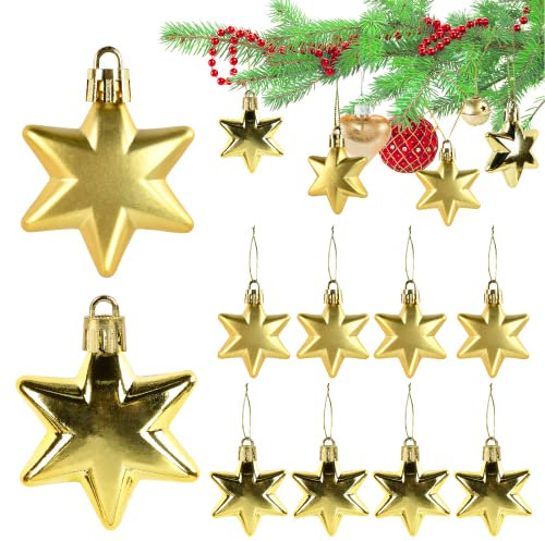 KATELUO 12 Stück Weihnachtsbaumschmuck, Christbaumanhänger Kunststoff, Stern Weihnachten Deko Weihnachtsbaum Anhänger mit Lanyards, Weihnachtskugeln Gold Christbaumkugeln für Christbaumschmuck