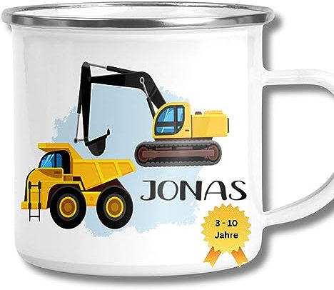 Emaille Tasse Kinder - Kindergarten Tasse Junge - Tasse mit Bagger Kinder - Personalisierte Geschenke Kinder - Kindertasse als Geschenke