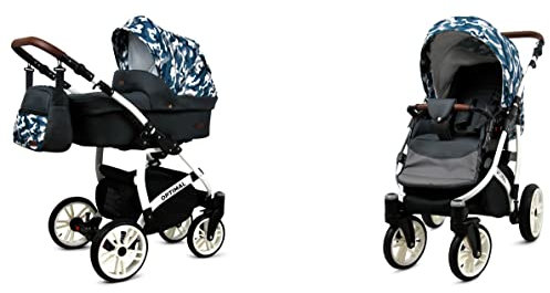 BabyLux Optimal 2-in-1 Baby Kinderwagen Tief und Kinderwagen mit Zubehör Verstellbar und faltbar Aluminium Konstruktion Wasserdicht Nicht abnehmbare Räder Light Pink White Frame