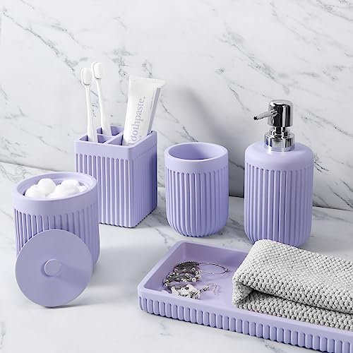 XLHOMO Badezimmer-Zubehör-Set aus Kunstharz, 5-teilig, Lotion-Seifenspender, Zahnbürstenhalter, Badezimmer-Becher, Qtip-Halter und Schminktisch-Tablett, Badezimmer-Arbeitsplatten-Organizer-Set für
