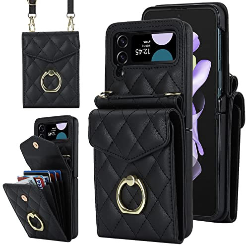 SINQERISHT Handykette Handyhülle für Samsung Galaxy Z Flip 4 5G Wallet Hülle PU Leder Case mit Kartenfach& 360° Ring Ständer Klapphülle Magnetverschluss Cover(Schwarz)