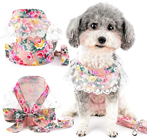 Zunea No Pull Dog Vest Harnesses for Small Dogs Flowers Printed Puppy Girls Harness and Lead Set Soft Breathable Mesh Harness Dress with Bowknot Lace Neck Pet Apparel for Chihuahua Yorkie Pink S