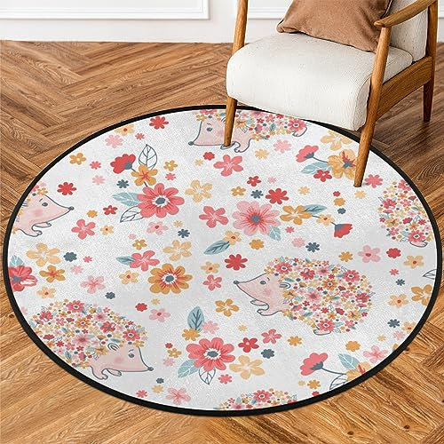 Runder Teppich mit Igel-Blumen, 91 cm, kleiner Kreis, weich, rutschfest, waschbar, Bodenmatte, ultradünn, Überwurf, Teppich für Eingangsbereich, Schlafzimmer, Badezimmer, Wohnzimmer