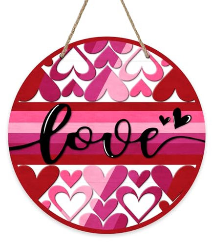 Bolisom Valentine's Day Love Front Door Sign, Pink Red Love Heart Wood Door Hanger Outdoor Outside Porch Decor, Anniversary Wedding Holiday Wooden Wreath Indoor Wall Hanging Decoration
