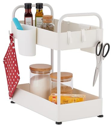 Relaxdays Lavabo Organizador Bajo Fregadero, 2 Estantes, 6 Ganchos y 2 Vasos, Altura Regulable, Productos de Limpieza, Blanco, 42,5 x 22 x 40 cm