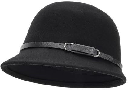 Utaly Frauen-Cloche-Hüte 1920er Vintage Bowler-Hut Winter Wollfilz Eimer Fedora Hüte, Schwarz mit Gürtel, Medium