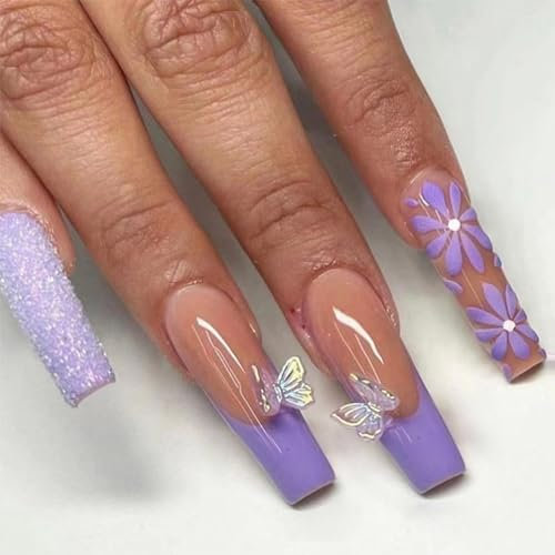 24pcs Long Coffin False Nails - French Tip, Glitter Purple, Butterfly Flower Press On Glue On Acrylic Full Cover Fake Nails - Women Girls Nail Accessories