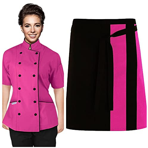 UNIFORMATES Veste de chef à manches courtes pour femme et tabliers à la taille, rose, S