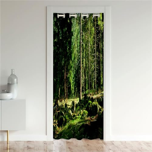 Odot Verdunkelungsvorhänge mit Ösen, Wald Muster Raumteiler Vorhang Türvorhang Thermo Blackout Thermovorhang Winter Kälteschutz Türvorhang für Fenster Tür Schrank (150x200cm,Wald)