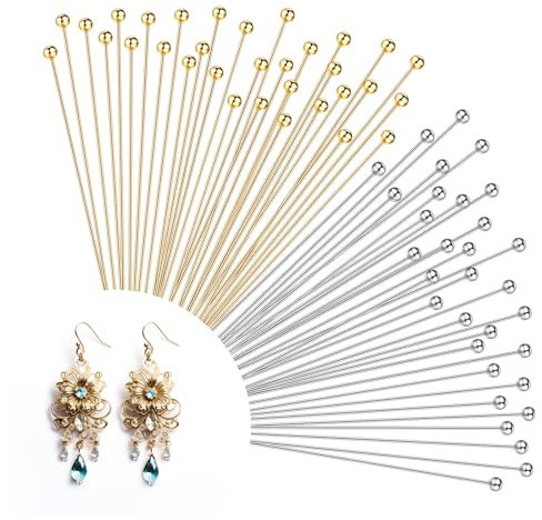 salbsever 500 Stück 50 mm Brass Head Ball Pins, Kopf Pins Flachkopfstifte, Schmuck Kopfnadeln Pin für Schmuckherstellung DIY Craft mit Vorratsbehälter 0.5mm Dick Kopfgröße 1.8 mm(Gold, Silbe)