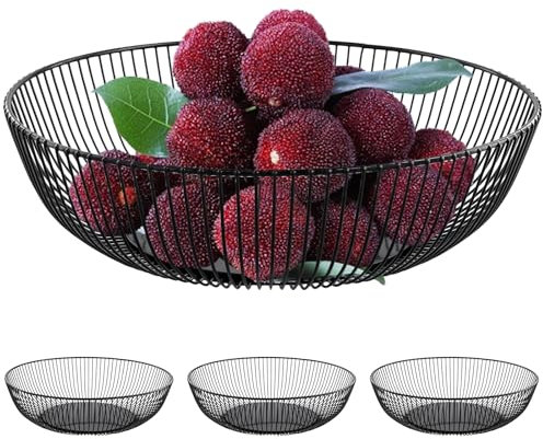 UNGFEI 3 PCS 28x15.5x7.5cm Black Wire Fruit Bowl, Metal Round Wire Basket for Vegetable, Snack, Bread, Fruit