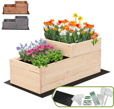 MODO24 Hochbeet Holz, 2-stufiger Pflanzkasten, Blumenkasten, Gemüsebeet, Kräuterbeet, Anzuchtset, Anzuchtkasten, mit Gartenvlies als Unterlage und Schrauben, Abmessungen 27x30x63 cm, Farbe: Natur