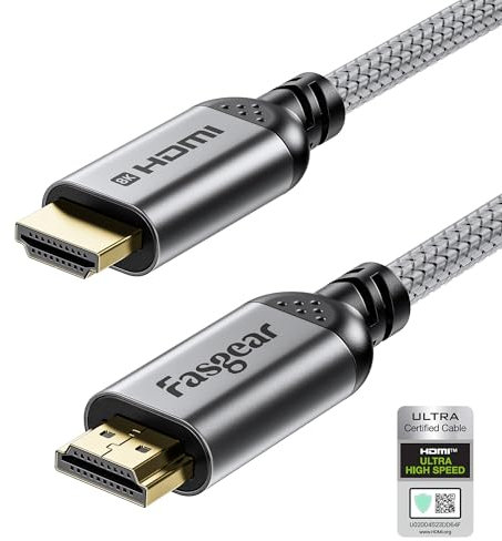 Fasgear HDMI 2.1 Cable 6.6ft Certified 8K HDMI Cable 48Gbps Ultra High Speed HDMI Cord Braided Nylon 8K@60Hz 4K@120Hz HDCP 2.3 Support eARC HDR10 3D Dolby Compatible for Roku TV/Monitor/Blu-ray (Grey)