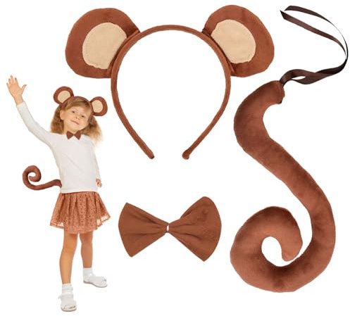 EUPSIIU 3 Stück Affen Kostüm Mit Ohren, Schwanz Und Fliege - Tierkostüm Für Kinder Mädchen, Fasching, Halloween, Karneval Cosplay