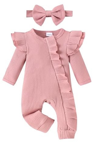 AliveBabe Newborn Baby Girl Clothes Round Neck Long Sleeve Ruffled Ribbed Romper + 3D Bow Headband For Infant Little Sister (Pink)