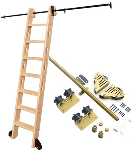 3.3-24FT Sliding Library Ladder Hardware Closet Kit Set Rolling Ladder Track Hardware Kit, Golden Mobile Ladder Track Kit for Loft Office, Slide Roller System Full (no Ladder)(6.6ft/200cm Track Kit)