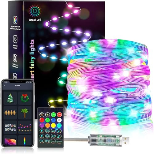 RGB LED Lichterkette mit Farbwechsel, IP44 Lichterkette USB Plug in, Sync Musik, Fernbedienung & App Steuerung, Bunte Lichterkette Außen Innen für Weihnachten, Hochzeit, Haus, Party Deko (20M 200LED)