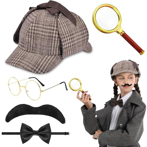 Glirop 5 Pcs Detective Costume Set, 1920s Role-playing Detective Accessories Victorian Sherlock Holmes Fancy Dress Kits for Kids Adult Word Book Day Halloween Cosplay Carnival Party