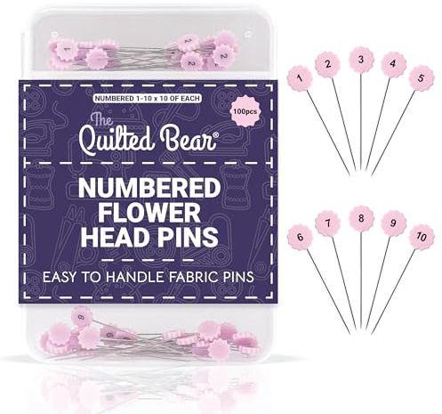 The Quilted Bear Nummerierte Blumenkopfnadeln - 100 rosafarbene Edelstahlnadeln zum Nähen und Quilten mit Aufbewahrungsbox, unverzichtbares Nähzubehör für Ihren Nähkasten