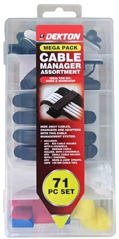 Dekton 71 PC Cable Manager Set- Complete Cable Management Kit| Includes Cable Ties, Clips, and Organizers| Durable & Adjustable| Ideal for Home, Office, and Workshop| Tidy and Neat Cable Organization