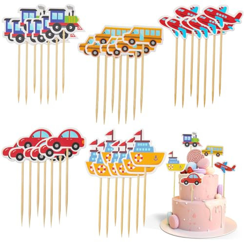 PXBSNB 35 PCS Transport Cake Topper, Transportation Cake Decorations, Transportation Birthday Cupcake Topper for Kids Girl Boy Car Bus Train Ship Airplane Theme Birthday Party Supplies