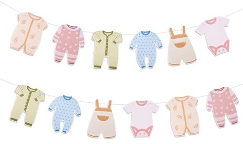 Baby Shower Paper Garland, Colorful Baby Clothes Banner Pre-Strung Short-Sleeve Bodysuits Onesies Gender Reveal Baby Outfit Clothesline Decorations Birthday Party Supplies for New Baby