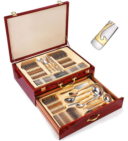 72 Piece Stainless Steel Flatware Set, Cutlery Set for 12 People In Box, Collectible Stainless Steel Tableware with Gift Carrying Case, Fork and Spoon Cutlery Box Set, Silver and Gold(Flame)