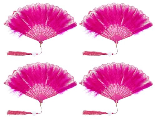 PATIKIL Embroidered Flower Marabou Feather Fan, 4 Pack 1920s Vintage Folding Handheld Fan Chinese Flapper Hand Fan for Costume Party Dancing Wedding Show Tea Decoration, Rose Red