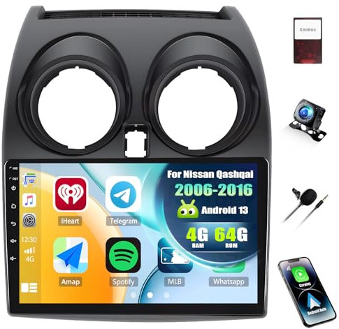 4+64G SIXWIN Android 13 Radio Coche para Nissan Qashqai J10 2006-2013 con CarPlay&Android Auto&Mirrorlink,9 Pulgadas Pantalla Táctil con Bluetooth/WiFi/GPS/FM/RDS/USB 32EQ con Cámara Trasera