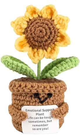 YREYBN Positive Sunflower Crochet,15cm Emotional Support Plant with Encourage Card Sunflower Plant Pot Decoration Gift for Cheer Up Gifts Emotional Support Crochet Sunflower Doll Home Decoration