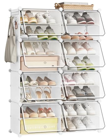 WOLTU Schuhregal, Schuhschrank mit 8 Fächern, Platzsparend, Mit Haken, Schuhablage Kunststoff, für Flur Schlafzimmer Eingang, Schuhaufbewahrung für 32 Paar Schuhe,Bis Größe 44, Weiß