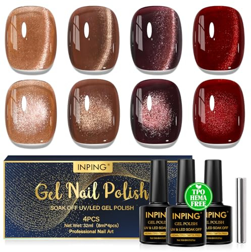 INPING UV Nagellack CatEye TPO-FREE 4 Farben Braun Rot Gel Gelnägel 8ML | Jelly Braun Rot Glitzer Cat Eye Gelnägel mit Magnet Nail Polish für Anfänger DIY Nail Art Maniküre Salon