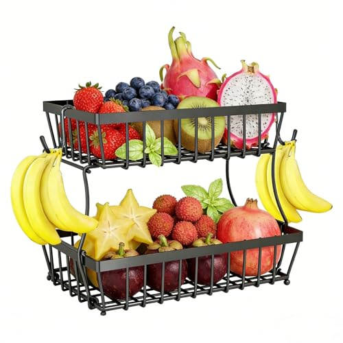 Koimiao 2 Tier Large Wire Fruit Basket Fruit Bowl with 2 Banana Hangers for Kitchen Counter, for Home Decor Fruits, Vegetables, Snacks, Metal Vegetable Storage Rack with Banana Holder, Black