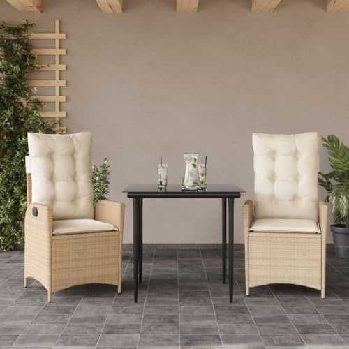 QUAHEAS 3-TLG. Garten-Essgruppe mit Kissen Beige Poly Rattan, verstellbare Relaxsessel, Glastisch, UV-beständig, für Terrasse, Balkon, Garten, Outdoor-Möbel-Set