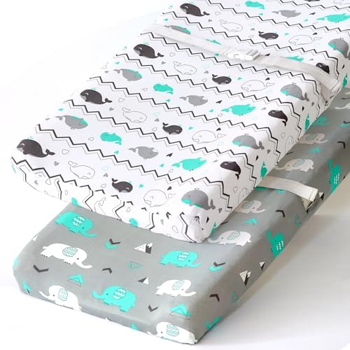 Stretchy Changing Pad Covers for Boys Girls,2 Pack Jersey Knit,Elephant & Whale