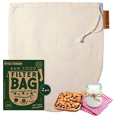 NECTARBAR Eco 2x Nussmilchbeutel Natur Baumwolle 25 x 30 cm – Nut Milk Bag – Filterbeutel für Bio Pflanzenmilch – Entsaften – Vegane Milch selbstgemacht – Passiertbeutel plastikfrei – Made in Germany