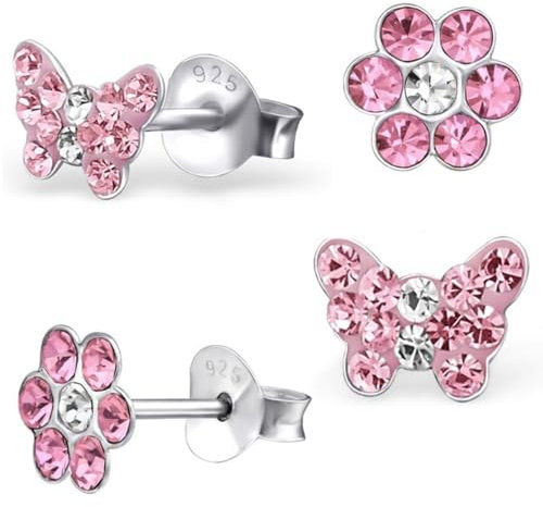 2 Paar Rosa Ohrstecker Kleine Kristall Schmetterling + Blume 925 Echt Silber Mädchen Kinder Ohrringe