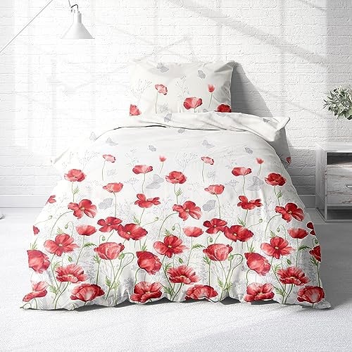 Träumschön Premium Bettwäsche 135x200 + 80x80 cm - Mohnblumen Design - Sommer Bettwäsche aus Baumwolle – Weich, Atmungsaktiv & Hautfreundlich - bügelfrei