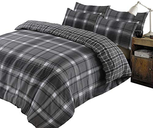 Dreamscene Aspen Check Duvet Cover with Pillow Case 100% Brushed Cotton Flannelette Tartan Thermal Bedding Set, Grey Black - Double