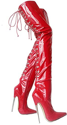 Stivali Alti alla Coscia Sexy sopra Il Ginocchio da Donna 18 cm Tacchi Alti Sottili in Metallo Punta a Punta Stivali Alti alla Coscia con Lacci Stripper Club Pole Scarpe da Ballo,Rosso,40