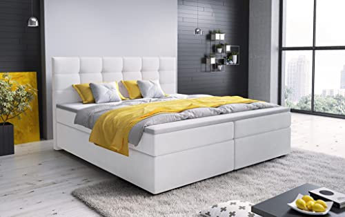 A-dekor home Boxspringbett Fenix Hotelbett, kontinentales Bett, Designerbett, 140/160/180x200cm, viele Farbvarianten, Zwei Bettkasten, Bonell Matratze, Topper (Soft 17 Weiß Kunstleder, 140 x 200 cm)