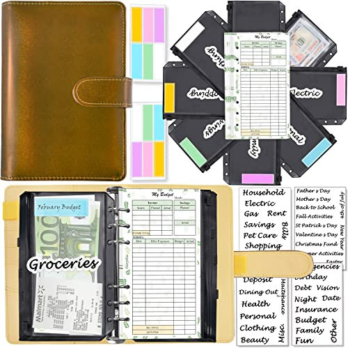 A6-Geld-Organizer, 6-Ringe-Budgetplaner-Kit mit Geldumschlägen, Budget-Nachfüllpackungen, Aufbewahrungsmethode für Umschläge, passendem Aufkleber und Etikett(Harphia, 146-Champagne)