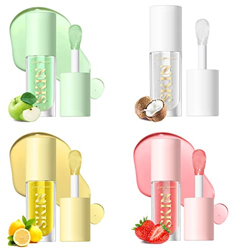 Aufpolsterndes Lippenöl 4er-Packungen Feuchtigkeitsspendendes Lippenglanzöl Fruchtextrakt Lipgloss Feuchtigkeitsspendender Lippenbalsam und Tönung für trockene Lippen (#3, M)