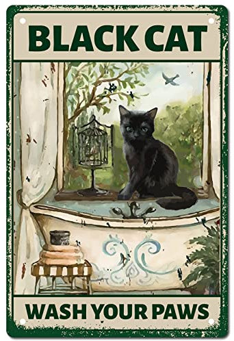 CREATCABIN Funny Black Cat Wash Your Paws Metal Tin Sign Baño Cita Vintage Aluminio Sign Retro Art Mural Hanging Iron Painting Poster Placa para Inodoro Baño Cocina Decoración de Pared 8 x 12 Pulgada