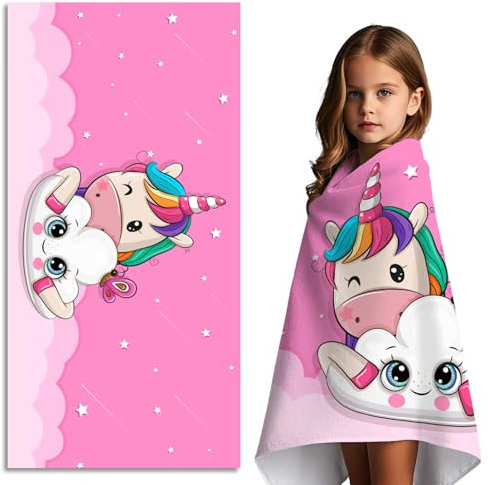 FEELJAM Strandtuch Einhorn 70 x 140 cm Kinder Badetuch - Rosa Wolken, M?dchen Damen Schwimmen Duschtuch