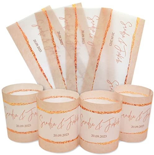 FEENSTAUB Tischdeko Hochzeit, Roségold 4er Set Windlicht-hüllen aus Transparentpapier personalisierbar, Tafeldeko Hochzeit, Hochzeitsdeko Tisch, Tischschmuck Hochzeitstafel, Tischdeko Goldene Hochzeit