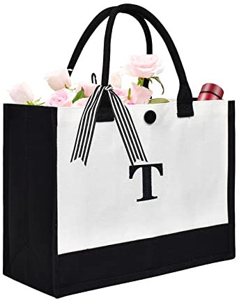XonyiCos Große personalisierte Initiale Leinwand Geschenk Tragetasche für Frauen Hochzeit Geburtstag Tasche, Monogramm Stickerei Strandtasche Einkaufstasche (T)