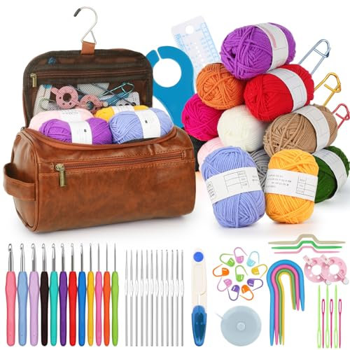 Aeeque Häkelset für Anfänger mit Ergonomisch Häkelnadel, 69 PCS Crochet Set mit Acryl Wolle, Häkelset zum Häkeln Socken, Schals, Pullover, Decke, Bunte Häkelnadeln Set für Arthritis mit Zubehör