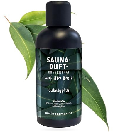 Wellnessmax Bio Sauna-Aufguss Eukalyptus I Saunaöl auf Bio-Basis 100 ml I Premium Sauna Aufgussmittel für für Saunen, Aromaschalen, Kräuterbäder und Dampfbad ein 100% natürlicher Saunaduft
